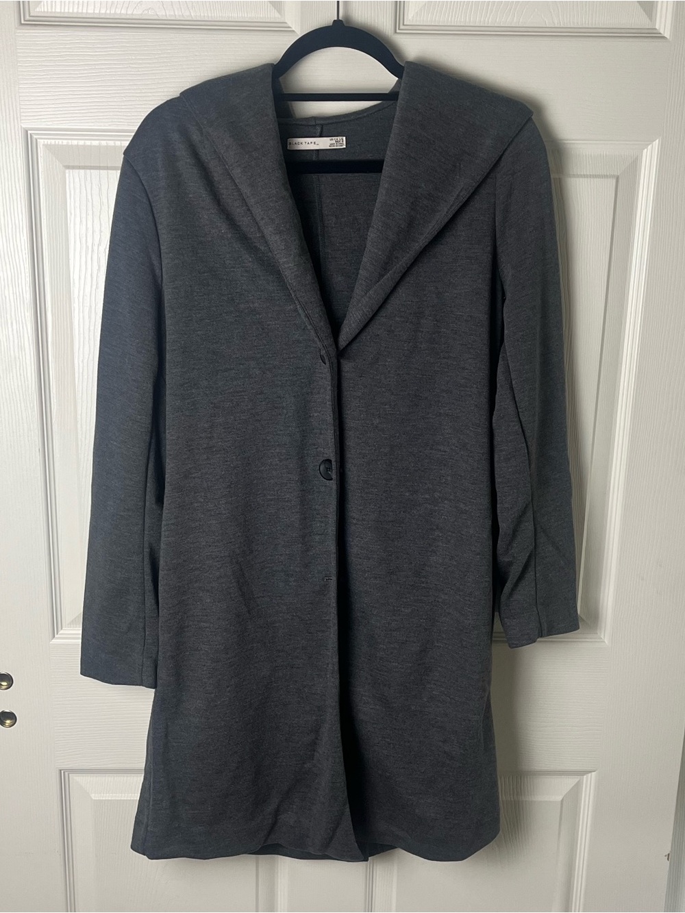 Black Tape_ Gray Knit Hooded Long Cardigan